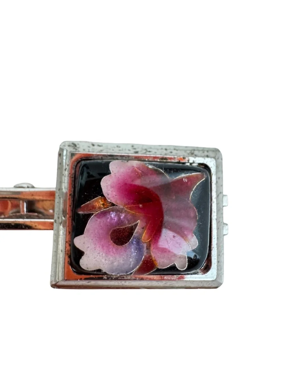 Vintage Japanese Cloisonne Tie Clip Pink White Floral Enamel Silver Tone Bar 2in